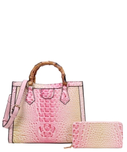 2in1 Crocodile Bamboo Handle Tie-dyed Satchel & Wallet CE-9160W PINK